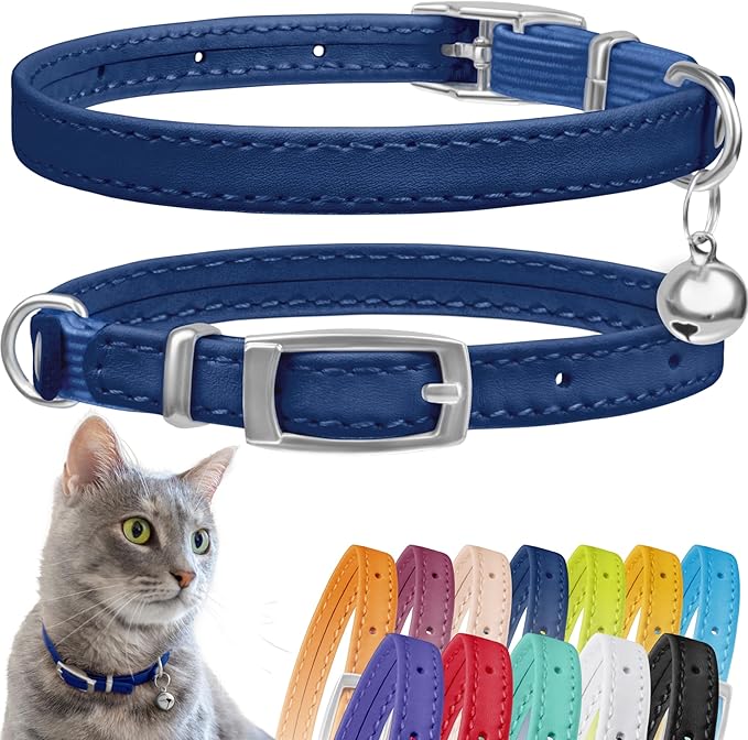 CollarDirect Leather Cat Collar, Kitten Collar with Removable Bell Black Blue Red Orange Lime Green (Neck Fit 8"-11", Navy Blue)