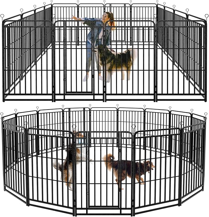 Dog Playpen Outdoor 16 Panels Heavy Duty Dog Fence 47" Height with Thick Pipe Anti-Rust with Doors Portable for RV Camping Yard, Total 36FT, 103 Sq.ft, Snowy Black