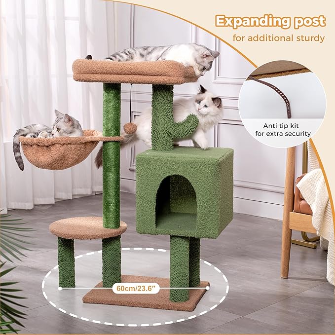 Cactus Cat Tree Small Cat Tower with 32 Inches Scratching Post with Cats Condo House, Cozy Hammock and Removable Top Bed and Dangling Ball for Indoor Cats-34” Green