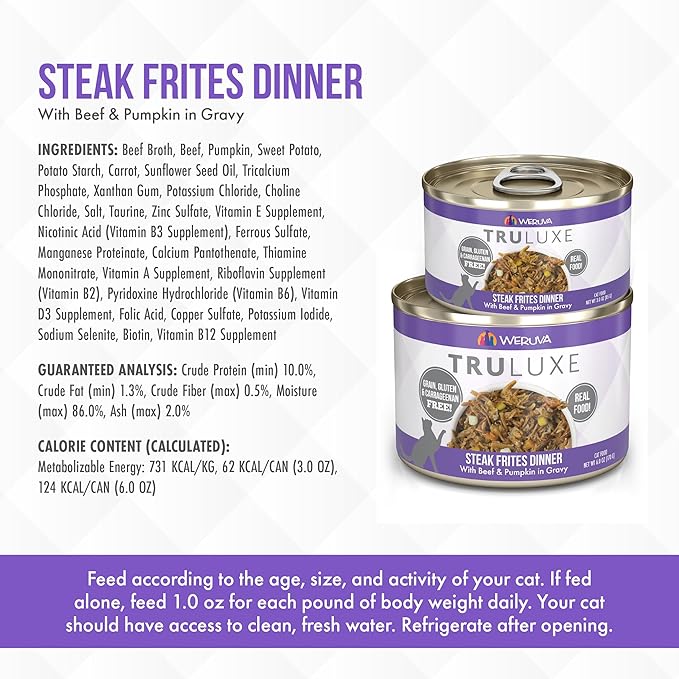 Weruva TruLuxe Cat Food, Steak Frites Dinner with Beef & Pumpkin in Gravy, 6oz Can (Pack of 24)