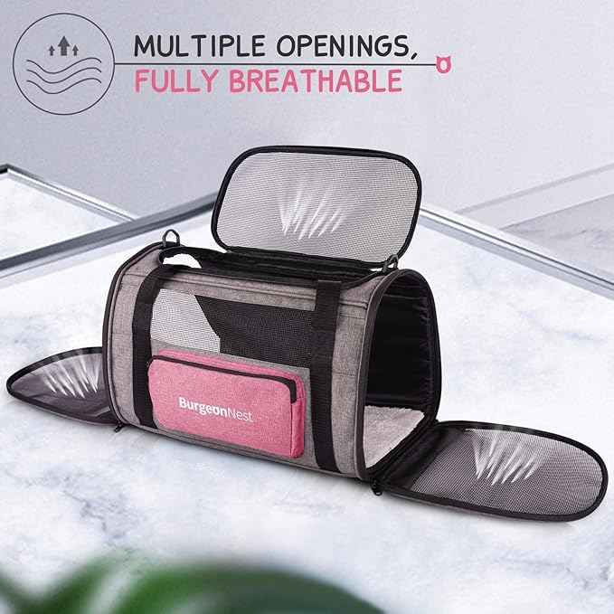 BurgeonNest Cat Carriers for Medium Puppy Under 25 lbs, Pet Carrier for Cats with Unique Side Bag,Top Load Small Pet Bag Soft-Sided Escape Proof with 4 Ventilated Windows
