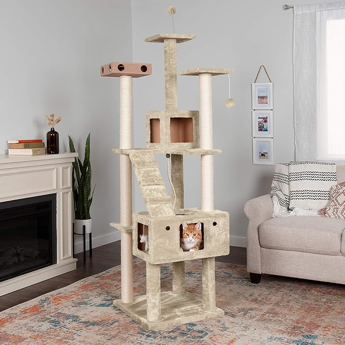 Furhaven 69.3" Tall Cat Tree for Indoor Cats, Ft. Sisal Scratching Posts, 2x Cat Condos, & Toys - Tiger Tough Double Decker Interactive Playground Tower - Cream, One Size