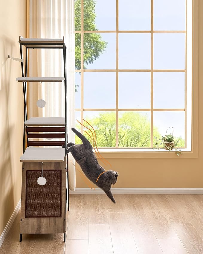 FourFurPets 72.4" Cat Tree, Modern Cat Tower for Indoor Cats, Multi-Level Cat Condo with Caves, Tall Cat Tree with Cat Scratching Board, Wooden Cat Tower with Large Perch, Removable Pads, Camel Brown