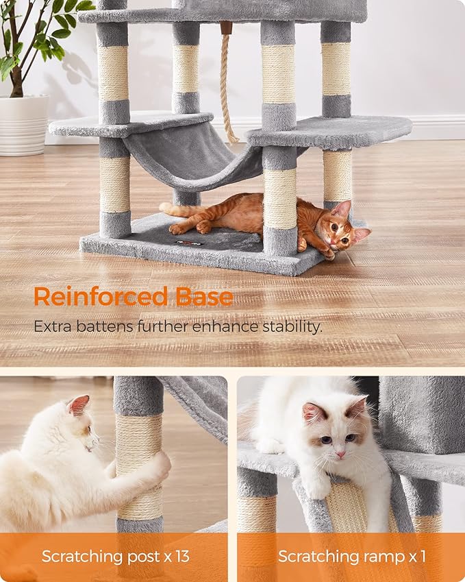 Feandrea Cat Tree, 66.1-Inch Large Cat Tower with 13 Scratching Posts, 2 Perches, 2 Caves, Basket, Hammock, Pompoms, Multi-Level Plush Cat Condo for Indoor Cats, Light Gray UPCT165W01