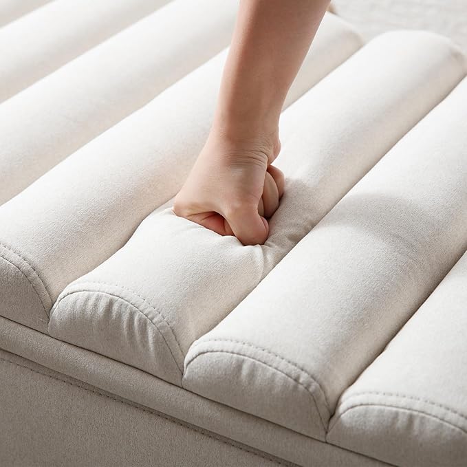 Wavy Ottoman Storage Bench Multi-Functional Narrow Entryway Bench Elegant End of Bed Bench with Storage and Safty Hinge for Living Room Entryway Hallway Bedroom Boutique, Beige