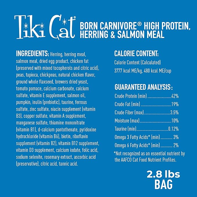 Tiki Cat Born Carnivore High Protein Dry Cat Food, Herring & Salmon Meal, 2.8 lbs. Bag