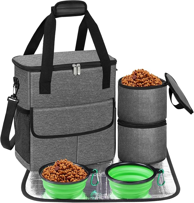 Dog Travel Bag for Camping - Weekend Pet Accessories With 2 Collapsible Bowls, 2 Food Containers, 1 Waterproof Feeding Mat - M, Grey