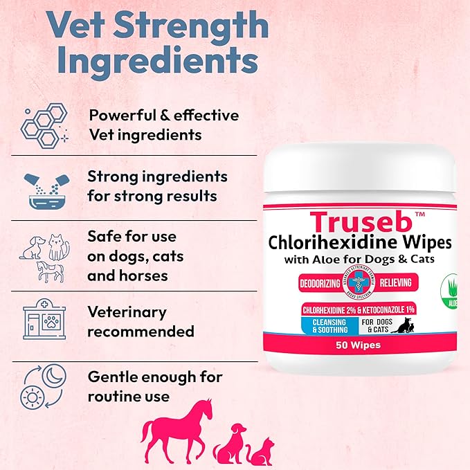 Truseb Topical for Dogs, Cats and Horses - with Aloe for Cleansing (Ketoconazole & Chlorhexidine Wipes, 100 Count)