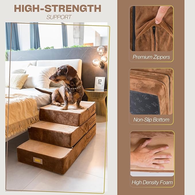 All-in-One Adjustable Dog Stairs – 5-Step Premium Pet Ramp for Small to Large Dogs – Sturdy, Non-Slip & Versatile for Beds, Sofas & More - Soft Cover, Modern Design (Brown)