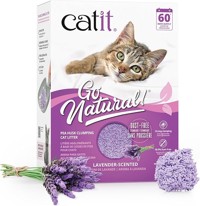 Catit - Go Natural Pea Husk Clumping Cat Litter - Lightweight, Dust Free, Easy Cleaning & Scooping, Flushable Kitty Litter with Odor Control & Subtle Fragrance - 12.3 Lbs, Lavender Scented