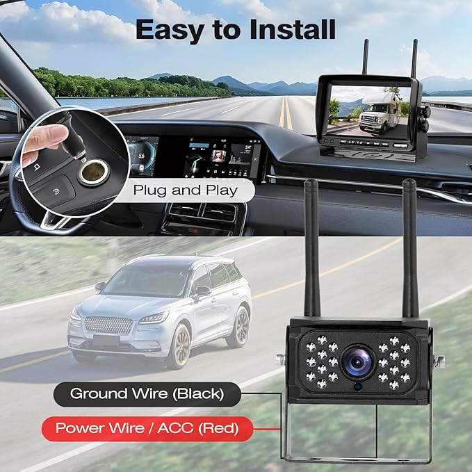 7 Inch Wireless RV Backup Camera System for Truck/Trailer/Camper/Bus, 1080P Dual/Quad Split Screen with DVR, Clear Night Vision, Support 4 Cameras, IP68 Waterproof Digital Wireless System