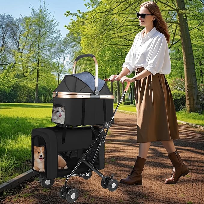 Double Pet Stroller for 2 Dogs or Cats, Folding Dog Stroller with 2 Detachable Carrier Bags, Safety Belt, 4 Lockable Wheels, Separate Compartments, for Multi-Pet Homes (Black)