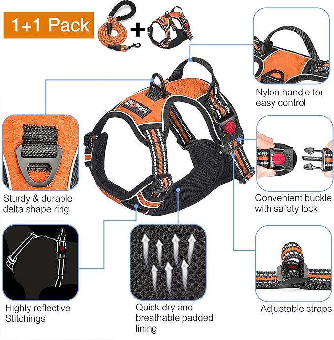 No Pull Dog Harness Adjustable Reflective Oxford Easy Control Medium Large Dog Harness with A Free Heavy Duty 5ft Dog Leash (S (Chest: 17.5"-21"), Orange Harness+Leash)