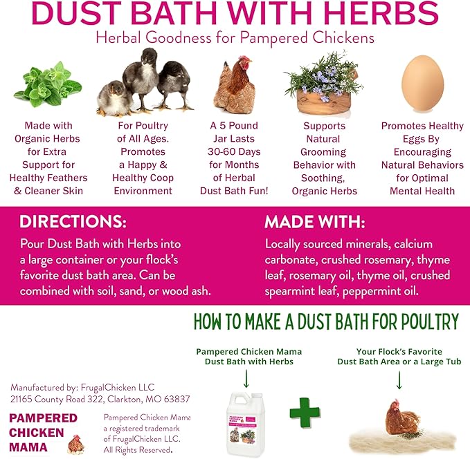 20.5 lb Pampered Chicken Mama Dust Bath with Organic Herbs & Essential Oils for Chickens, Quail, & Poultry | Dust Bath for Chickens to Keep Feathers Clean & Healthy