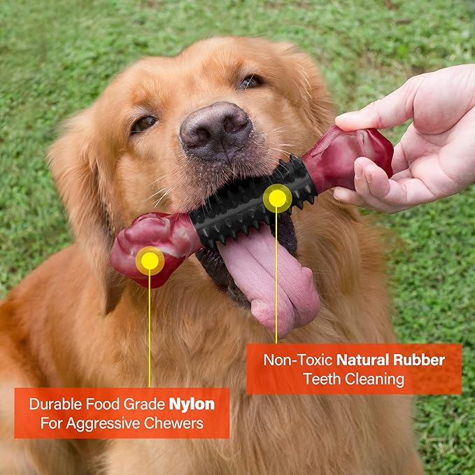 Apasiri Dog Toys for Aggressive Chewers with Bacon Flavor: 8" Indestructible Chew Bones for Large Breeds, Tough Nylon & Rubber Dog Toys Keep Them Busy, Interactive Play - 2-Pack