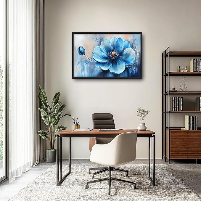 Extra Large Abstract Blue Flower Framed Wall Art for Living Room,Oversized Elegant Floral Pictures Wall Decor,Canvas Print Painting Modern Artwork Bedroom Office Bathroom 36L" x 24W"