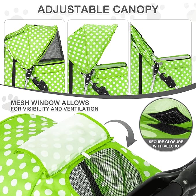 MoNiBloom 3 Wheels Pet Dog Cat Stroller for Small Medium Dogs Cats, Foldable Jogger Stroller w/Storage Basket and Cup Holder, Lawn Green Polka Dots