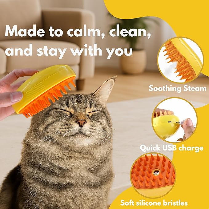Steam Cat Brush for Indoor Cats – Mist Spray Comb for Shedding & Hair Removal | Silicone Pet Grooming Tool for Long-Haired Cats & Dogs