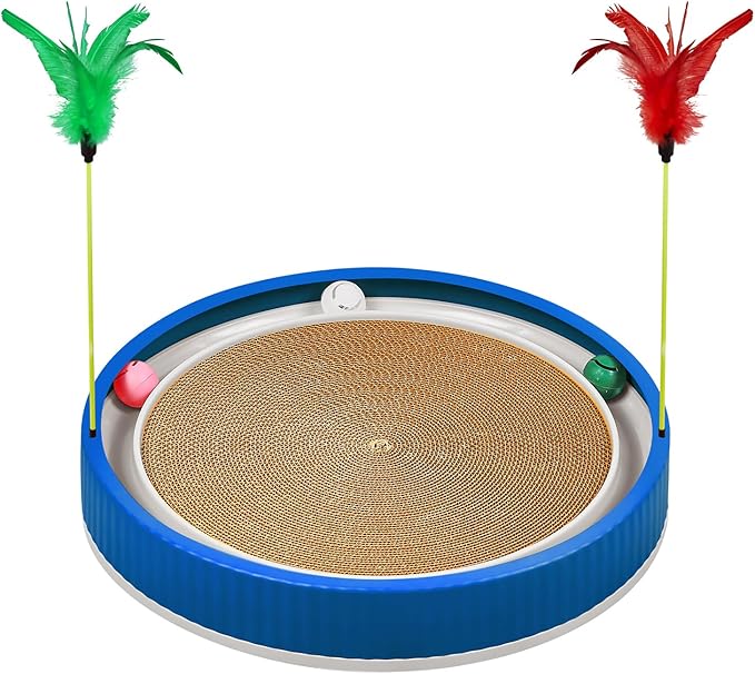 20-Inch Round Cat Scratcher with Ball Track – 3-in-1 Cardboard Scratching Pad with Feather Toy & Non-Slip Base – Interactive Cat Toy for Indoor Cats, Kittens & Large Cats (Blue)