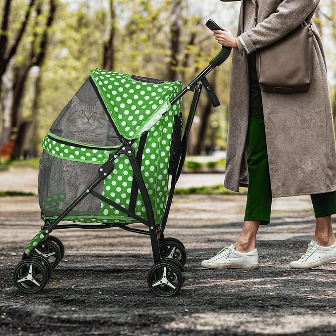 MoNiBloom 4 Wheels Pet Stroller, Easy-Fold Umbrella Shaped Dog Cat Jogger Stroller w/Storage Bag & Visible Mesh for Small/Medium Dogs Cats Lawn Green Polka Dots