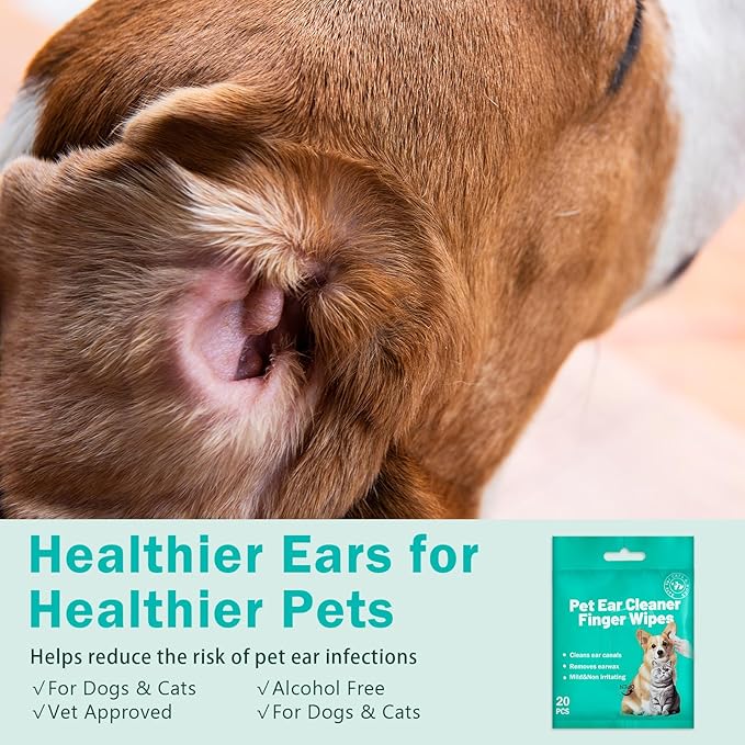 Portable Dog Ear Cleaner Wipes Grooming Kit Care for Dogs & Cats Pet Ear Relief Gently Remove Ear Wax Debris and Smelly 20 Pcs Unscented