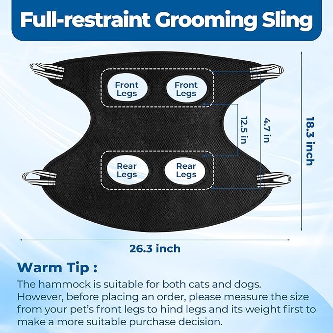 Pet Grooming Hammock for Cats & Dogs, Breathable Mesh Dog Hanging Harness for Nail Trimming, Grooming, Bathing Includes S Hooks, Comfortable Dog Grooming Harness (Black)