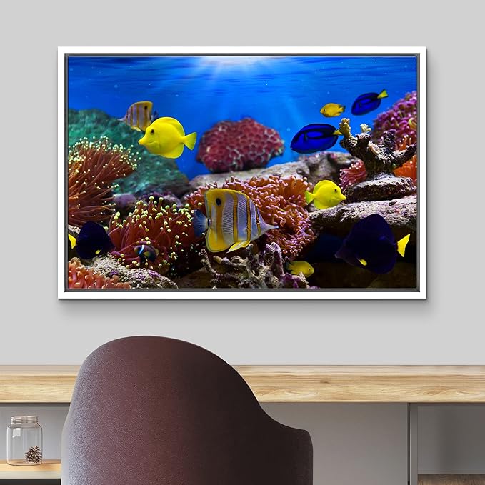wall26 Framed Canvas Wall Art - Coral Reef and Tropical Fish Under The Ocean | Modern Home Art Framed Canvas Prints Gallery Wrap Giclee Printing & Ready to Hang - 16"x24" White