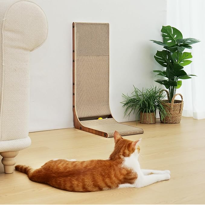 FUKUMARU Cat Scratcher, 26.8 Inch Cat Scratch Pad for Indoor Cats, L Shaped Cardboard Vertical Cats Scratching Board with Ball Toy, Walnut Color, 1 Pack