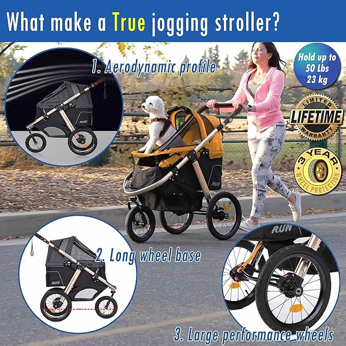 Run Performance Jogging Sports Stroller with Comfort Rubber Wheels/Zipper-Less Entry/1-Hand Quick Fold/Aluminum Frame for Small/Medium Dogs, Cats and Pets (Speed Yellow)
