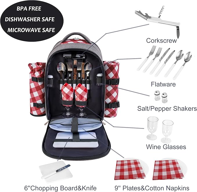 apollo walker Picnic Backpack Bag with Cooler Compartment, Detachable Bottle/Wine Holder, Fleece Blanket, Plates and Cutlery Set (2 Person, Gray)