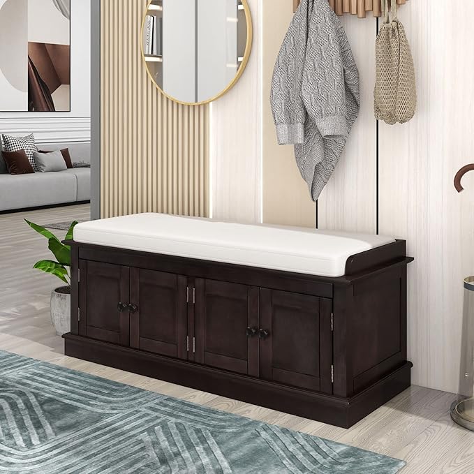 Shoe Storage Bench with 4 Doors and Adjustable Shelves, Shoe Bench with Removable Cushion for Living Room Entryway 42.7" L * 16" W * 17.4" H Espresso