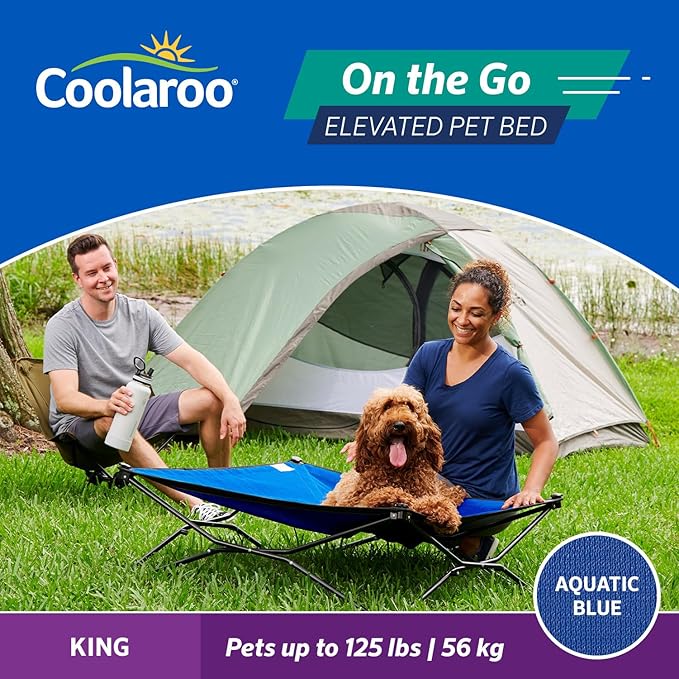 Coolaroo On-The-Go Elevated Dog Bed - Foldable Pop-Up Travel Dog Bed with Breathable, Moisture-Resistant Fabric, Carry Bag Included, Lightweight & Portable, Aquatic Blue, Extra Large