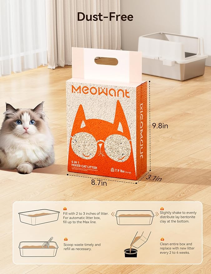 Meowant 5-in-1 Mixed Cat Litter, Natural Bentonite Tofu Clumping Cat Litter, Ultra Absorbent, Fast Clumping, Dust-Free, Odor Control, Flushable, 7.9lbs*2