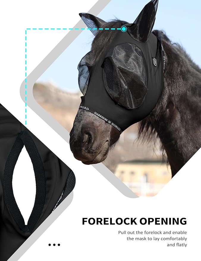 Harrison Howard Horse Fly Mask with Forelock Opening Stretch Breathable and Comfortable for Horses UV -Protection Black M