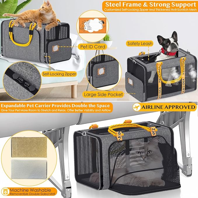 PAWZIDEA Double Pet Stroller with 2 Detachable Carriers, Portable Dog Crate for Car Travel & TSA-Approved Expandable Cat Carrier, Foldable Lightweight Jogger Stroller for 2–4 Cats or Small/Medium Dogs