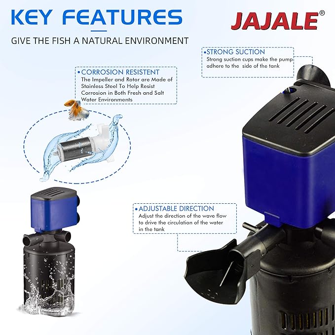 Water Pump 210 GPH 3-in-1 Submersible Internal Filter Aquarium Powerhead Water Pump Ultra Quiet for Aquarium,Fish Tank