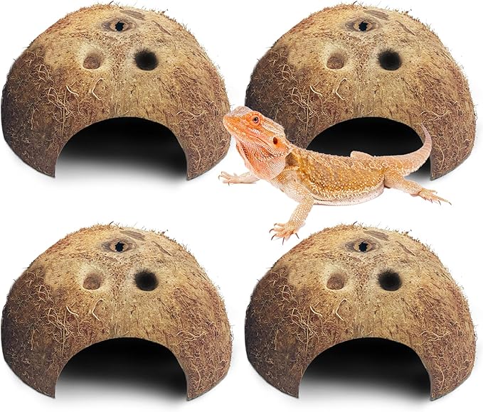PINVNBY Natural Coconut Reptile Hideouts Lizard, Coco Hut Hermit Crab Hut Aquarium Fish Hide Cave for Small Reptile Crested Gecko Leopard Gecko Spider Snail Climber Toys (4 PCS Natural Surface)