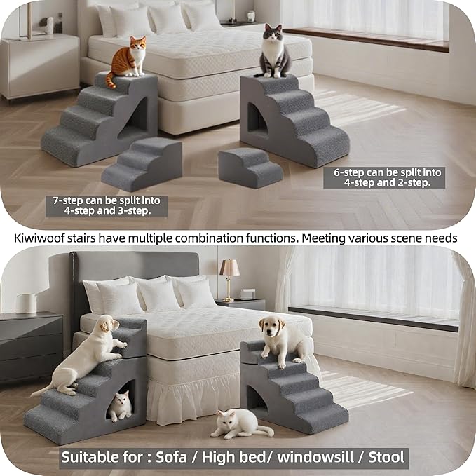 7 Step Pet Stairs Ramp for High Beds Sofas 22-42 Inch, Non-Slip Dog Stairs for Small Old Medium Large XL Dogs Cats, Sturdy 75 Pounds 33D Foam Balanced 6-Tier Ladder with Machine Washable Cover