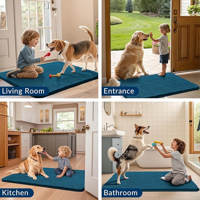 Smiry Dog Door Mat for Muddy Paws 24x16, Absorbs Moisture and Dirt Doormat, Non-Slip Washable Quick Dry Chenille Front Door Mat Indoor Entrance, Entryway Carpet for Inside Floor, Atlantic Blue