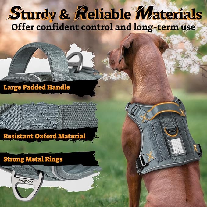 rabbitgoo Dog Harness Medium Sized No Pull, Tactical Service Pet Vest with Molle and Control Handle, Adjustable and Reflective Military Harness for Easy Walking and Training, Grey, M
