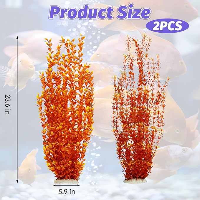 Hamiledyi Aquarium Plastic Plants Aquarium Decor Artificial Fish Tank Plants,Tall Fish Tank Decorations, Extra Large Aquarium Plant 23.6-inch Tall,2PCS（Orange Style A）