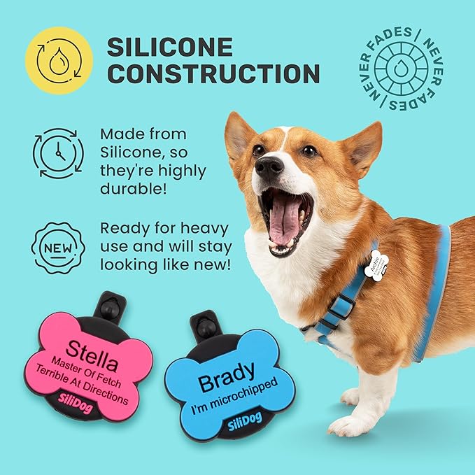 SiliDog AirTag Holder Silent Dog ID Tag – Personalized Engraved Silicone Pet Tag – Durable, Glow-in-The-Dark – Blue Bone