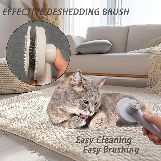 Cat Grooming Brush Kit 6 Tools - Deshedding & Dematting for Long/Short Hair, Self-Cleaning Slicker Brush with 6-in-1 Flea Comb for Cats & Kittens (White)