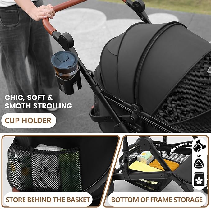 Pet Stroller with 4 Wheels, Foldable Pet Travel Carrier for Small/Medium Dogs Cats up to 50lbs, Detachble Portable Pet Bag, Storage Basket, Car Seat 3 in 1 Multifunctional (Black)