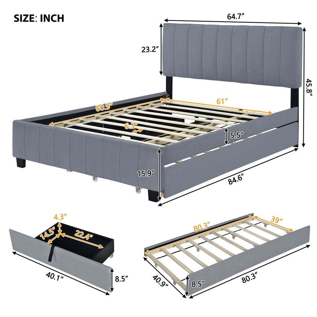 Platform UpholsteredBed With 2 Drawers And Twin Long Trundle