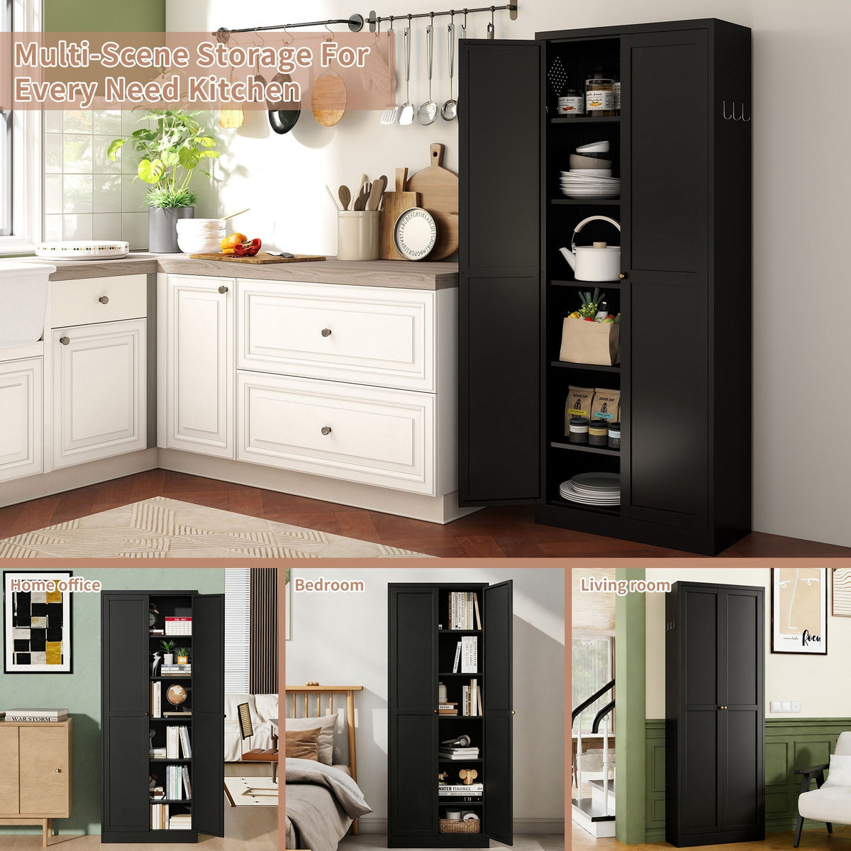 Kitchen Pantry Cabinet With 4 Adjustable Shelves, Heavy Duty Freestanding Organizer