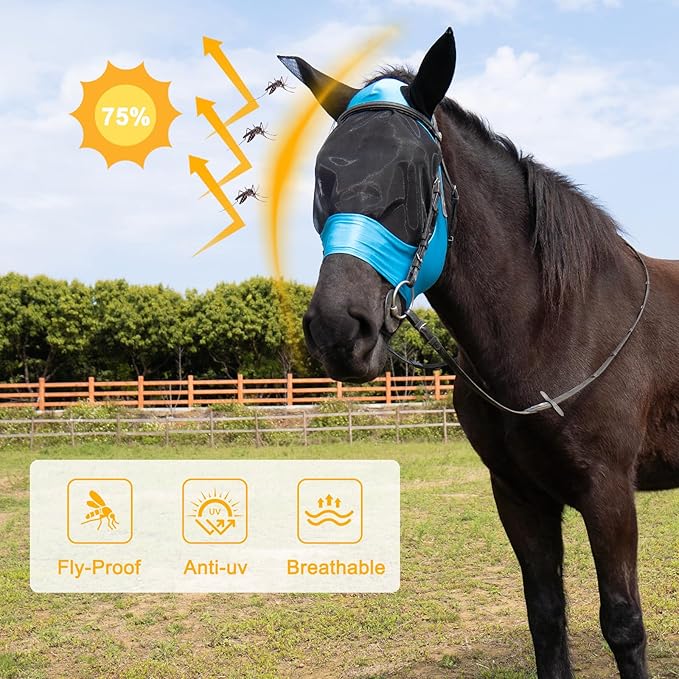 2 Piece Horse Fly Mask with Ears, Comfortable Fit Stretch Fabric Big Eye Space Soft Breathable with UV Protection for Full Horses (Red-Blue)