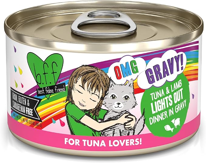 Weruva B.F.F. OMG - Best Feline Friend Oh My Gravy!, Tuna & Lamb Lights Out with Tuna & Lamb, 2.8oz Can (Pack of 12)