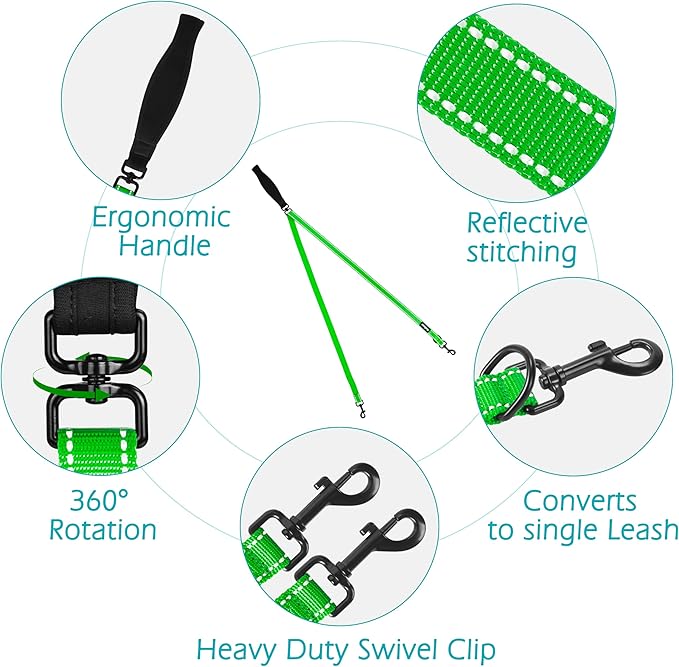 PetBonus Two Point Control Dog Leash, Works with No Pull Harnesses, No Tangle Training Leashes, Soft Padded and Reflective Walking Lead, Converts to Single Lead for Medium Large Dogs (Grass Green)