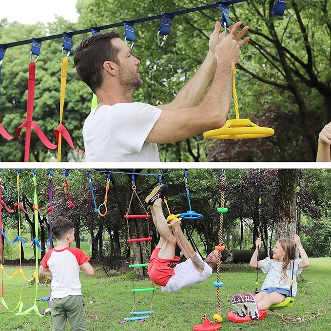 Rainbow Craft 3-Pack Ninja Monkey Wheels，Obstacle Course & Swing Set Attachments for Kids ，Outdoor Backyard Playground Accessory，Red, Blue & Yellow